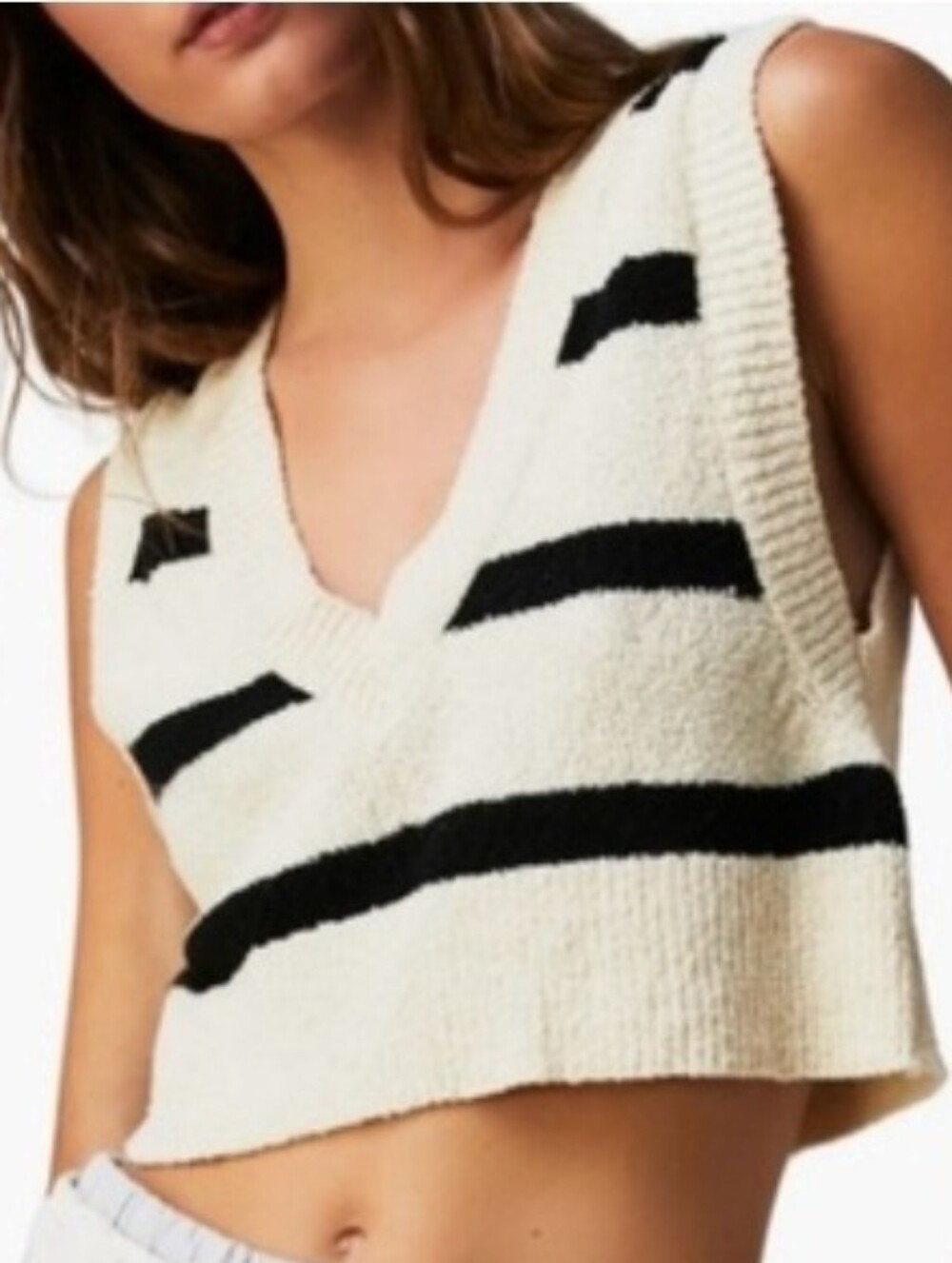 Free People Vest Sz XS Stripe Knit V-neck Cropped Academia Preppy Old Money